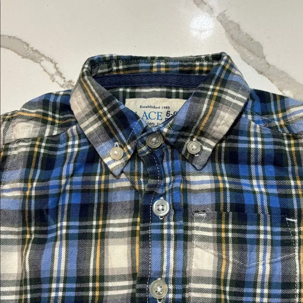 The Children’s Place Boys Blue Flannel Plaid Button Down Dress Shirt 6-9 Months